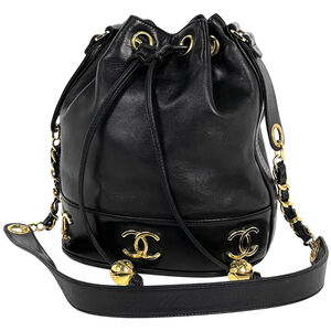 CHANEL Triple Coco Mark Chain Shoulder Bag, Drawstring Style, Leather, Black,...